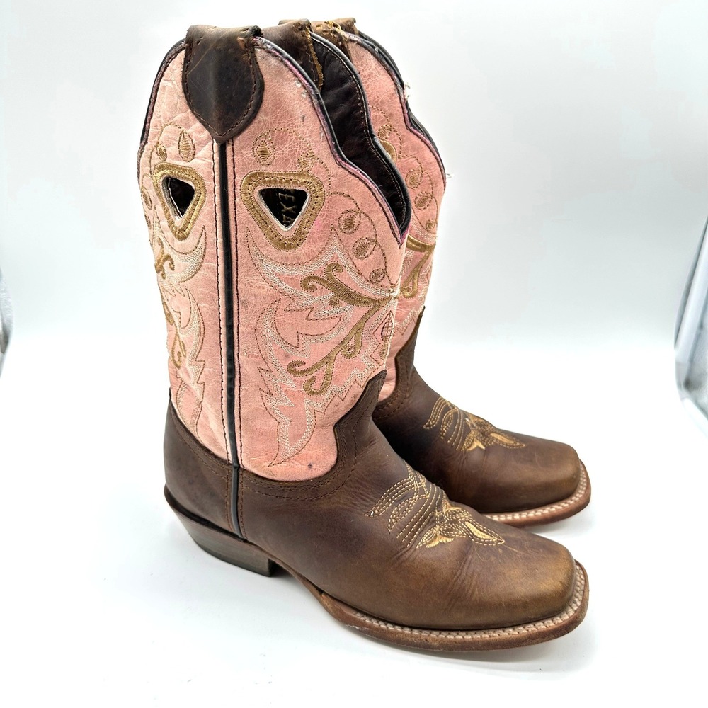 Texas Country Western Boots Womens 6 Brown Pink Embroidered Square Toe 2949 580